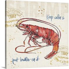 a painting of a lobster with words written on the front and bottom half of it