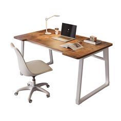 a computer desk with a chair and a laptop on top of it, in front of a white background