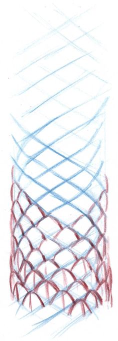 a pencil drawing of a stack of red and blue lines on white paper, with one line drawn across the top