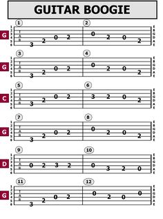 guitar chords with the words guitar boogie written in black and red on top of them