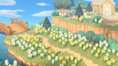 an animated image of a small town with flowers and trees on the side of it