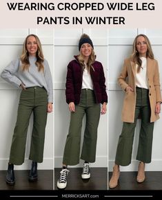 Wide Legged Pants Outfit Winter, Lulu Lemon Wide Leg Pants Outfit, Spring Outfits Brunch, Green Cords Outfit, Green Cord Trousers Outfit, Green Barrel Pants Outfit, Green Jeans Outfit Winter, Cropped Wide Leg Pants For Work, Womens Wide Leg Pants Outfit