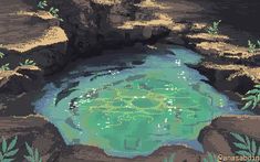 an image of a pond in the middle of some rocks and water with plants growing out of it