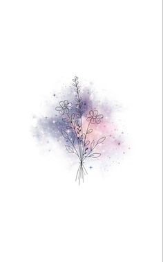 a watercolor drawing of some flowers on a white background with purple and pink colors