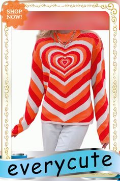 Orange Rainbow Heart Print Color Block Sweater White Heart-shaped Sweater For Spring, White Sweater For Valentine's Day, Heart-shaped Spring Sweater, Spring Sweater With Heart Print, Red Heart Graphic Top For Spring, Red Tops With Heart Graphic For Spring, Trendy Valentine's Day Sweater With Heart Graphic, Casual Spring Sweater With Heart Graphic, Red Tops With Heart Graphic For Fall