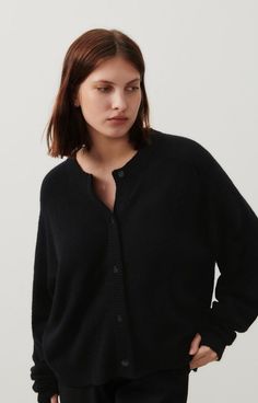 Women's cardigan Damsville - BLACK 55 Long sleeve Black - H24 | American Vintage Round Neck Cardigan, Cardigan Shirt, Knit Sweatshirt, Black Button, Cardigan Jacket, Puffer Coat, Black Cardigan, Clothes Gift, White Long Sleeve