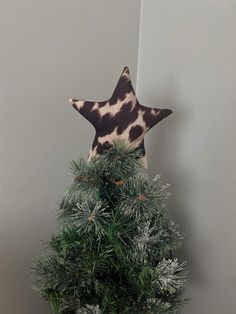 a star shaped pillow sitting on top of a small christmas tree in a potted plant