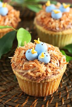 two blue birds sitting on top of a muffin