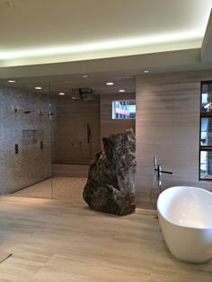 a large rock sitting in the middle of a bathroom next to a white bath tub