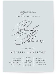 the baby shower is shown in black and white, with an elegant script on it