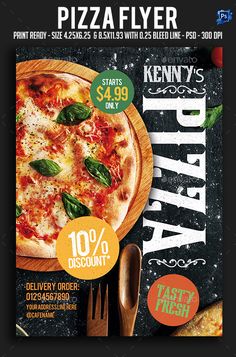 a pizza flyer is shown with an image of a pizza on the front and back