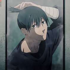 an anime character is holding his head with one hand and looking at the camera while standing in front of a wall