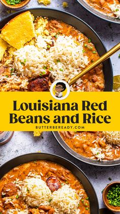 two pans filled with red beans and rice next to bowls of other food on the table