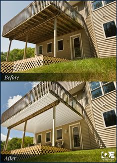 before and after shots of a deck on a house in the grass with stairs leading up to the second floor