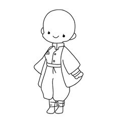 a black and white drawing of a little boy with an apron on, standing in front of