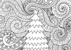 an abstract christmas tree surrounded by swirls and snowflakes in black and white