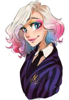 a drawing of a girl with blonde hair and blue eyes wearing a purple striped shirt