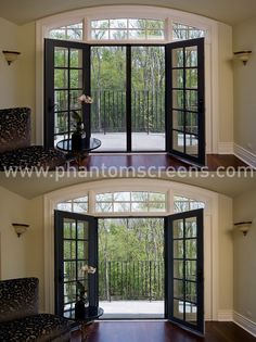 two pictures of the inside of a house with double doors and glass windows on both sides