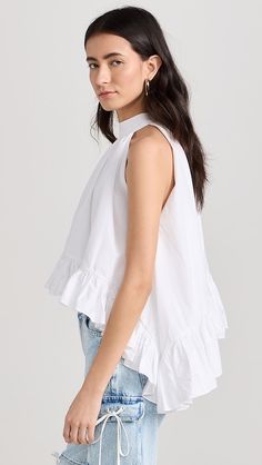 Azeeza Plath Top | Shopbop Ruffled Tops With Asymmetrical Hem, Cotton Top With Ruffle Hem For Daywear, Cotton Top With Ruffled Collar For Daywear, Chic Cotton Blouse With Shirttail Hem, Hand Dyed Silk, Silk Dyeing, India Fashion, White Brand, Asymmetrical Hem