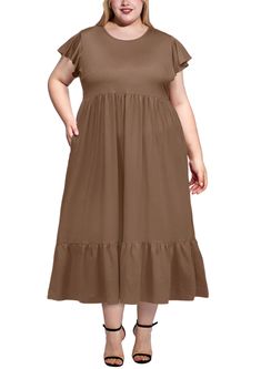 Discover the perfect summer outfit with the Moon Wood Women's 2024 Plus Size Casual Dress. Casual Stretch Midi Dress With Ruffle Hem, Non-stretch Solid Brown Dress, Non-stretch Brown Dress, Casual Stretch Dress With Ruffle Hem, Spring Khaki Stretch Dress, Casual Stretch Brown Maxi Dress, Casual Brown Stretch Maxi Dress, Casual Brown Midi Dress With Ruffle Hem, Casual Stretch Brown Dresses