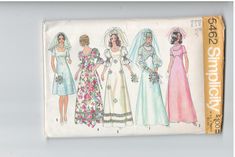 four brides in dresses and veils are featured on the front cover of a sewing pattern