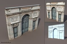 four different views of an old building with arched doors and arches on each side,