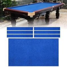 a pool table with blue cloth on the bottom and two different tables in front of it