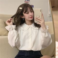 Size: M, Color: White Blouse Y2k, Preppy Mode, Peter Pan Collar Shirt, Womens Tops Summer, Fashion Elegant, Collars For Women, Plain Shirts, Summer Fabrics, Vintage Women