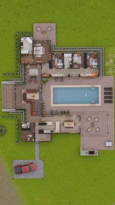 an aerial view of a house with a swimming pool