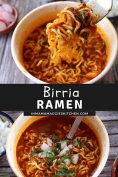 two bowls filled with different types of food and the words, the best birra ramen