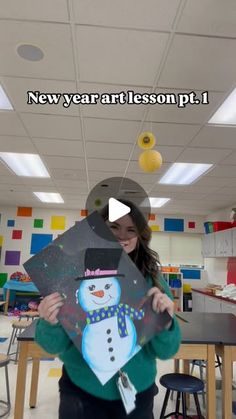 a woman holding up a snowman cutout in front of her face with the caption new year's lesson pt 1