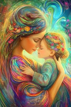 a painting of a woman holding a child in her arms with colorful swirls on it