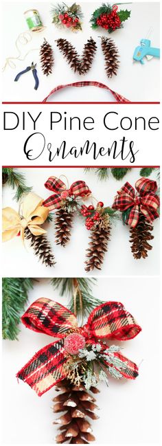 pine cone ornaments made with plaid ribbon and bows