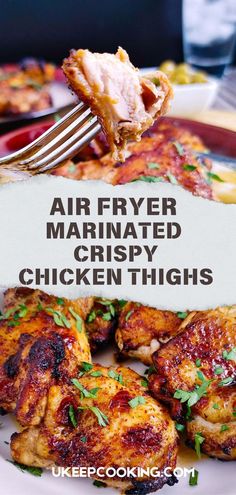 chicken thighs on a plate with text overlay that reads air fryer marinated crispy chicken thighs