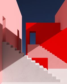 an abstract image of stairs leading up to a red building