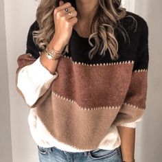 Color Block Knit Sweater Acrylic Price Firm Cozy Womens Sweaters, Estilo Chic, Stylish Sweaters, Sweater Collection, Round Neck Sweaters, Color Block Sweater, Winter Sweaters, Look Chic, Lorraine