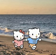 two hello kitty cartoon characters walking on the beach with an ocean in the back ground