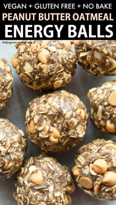 vegan peanut butter oatmeal energy balls stacked on top of each other