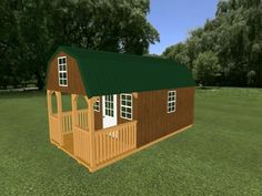 a small wooden building with a green roof and porch on grass area next to trees