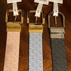 Women’s Michael Kors Belts Light Blue With Gold Buckle Black/Grey With Silver Buckle Pink With Gold Buckle Size: Medium Gold Belts, Silver Belts, Studded Belt, Black Leather Belt, Michael Kors Accessories, Faux Leather Jackets, Michael Kors Black, Belt Size, Belts For Women