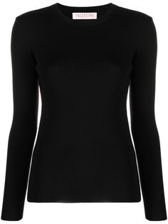 Valentino Ready To Wear black cashmere-silk blend round neck long sleeves open back Black Fine Knit Long Sleeve Crew Neck Top, Black Crew Neck Sweater For Evening, Fine Knit Long Sleeve Top For Evening, Elegant Fitted Crew Neck Long Sleeve Top, Elegant Fitted Long Sleeve Top With Crew Neck, Elegant Fitted Long Sleeve Crew Neck Top, Knitted Tops, Curator Style, Wearing Black