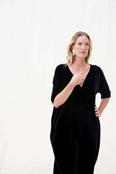 Rachel Craven Long V-Neck Cocoon Dress in Black Velvet Loose Dress, Little Black Dress