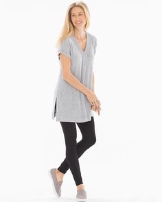 Soma Brushed Knit Short Sleeve Tunic Heather Grey Relaxed Fit V-neck Tunic For Fall, Spring V-neck Tunic For Loungewear, Casual Stretch Tunic For Fall, Casual Fall Tunic, V-neck Tunic For Work In Fall, Casual Fall Tunic For Workwear, Casual Tunic For Fall Layering, Casual V-neck Tunic For Fall, Casual Stretch Tunic For Spring