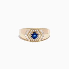 a yellow gold ring with an oval blue sapphire surrounded by small white and clear diamonds