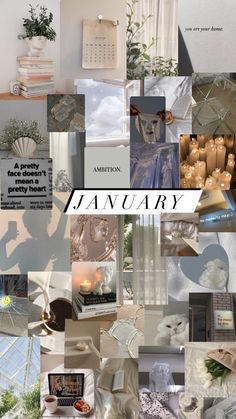 a collage of images with the words january written in black and white on them