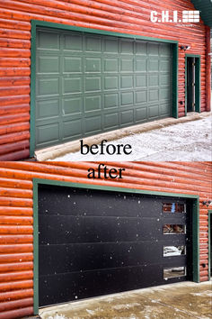 before and after collage of garage door replacement on rustic building