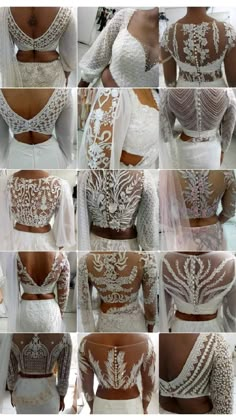 the back of a woman's wedding dress is shown in multiple pictures, including white and