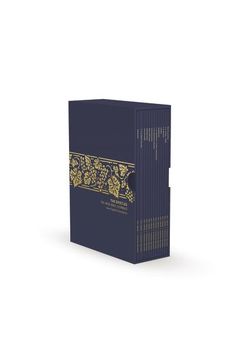 a set of six books with gold designs on the front and back covers, all in blue