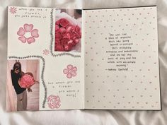 an open book with pink flowers and pictures