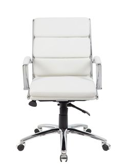 a white office chair with chrome legs and armrests on an isolated white background